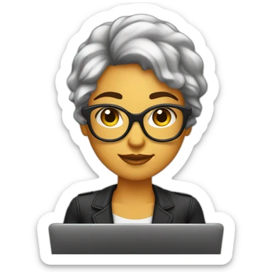 mujer piel blanca pelo negro gafas y trabajando en laptop sticker