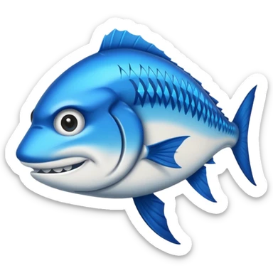 Emoji de poisson barracuda stylisé, dessin cartoon, bleu avec lettres ‘BARRACUDA’ dans le corps, expression féroce.” sticker