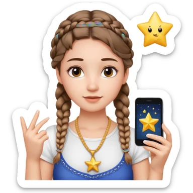 a girl wearing cute white top with a braid outing in the camera as a selfie and a star necklace in the neck  sticker