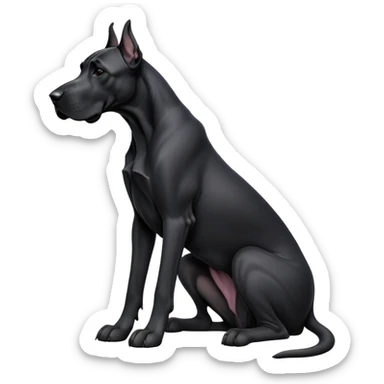 cinematic-[black great dane]-realistic-full-body-sitting-emoji,-tail-resting-loosely-beside-its-paws,-head-tilted-dramatically, ears drooped, -sleek-[black]-fur,-simplified-yet-realistic-focused-features,-highly-detailed,-glowing-with-an-almost-sarcastic-glow sticker
