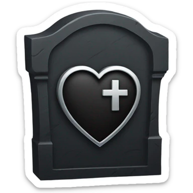 a black tombstone in silver RIP and a silver heart sticker