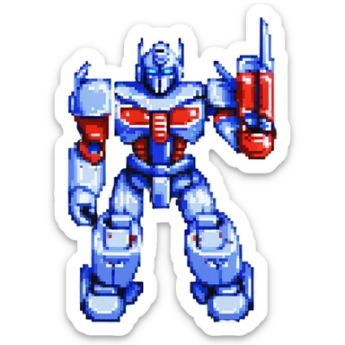 Optimus Prime in a battle pose, pixel art robot, blocky shapes, classic color scheme sticker