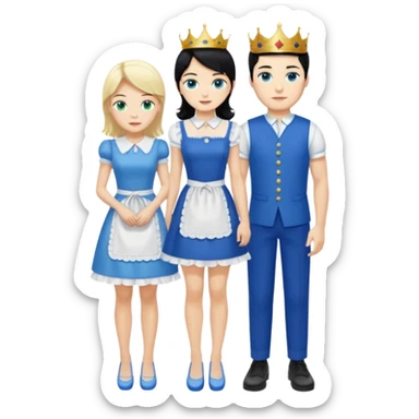 King, black hair, body, legst, blue eyes, blue garmont,  shoes, blonde maid, green eyes, sexy short sleveless White dress, shoes sticker