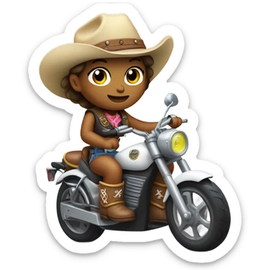 Baby girl wearing cowboy boots holding tennis racket and ridding electric motorcycle  sticker