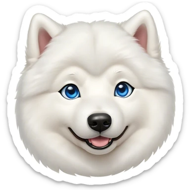 Cinematic Cute Samoyed Portrait Emoji, Head tilted playfully and inquisitively, featuring a fluffy, pristine white Fur with a natural sheen, round, sparkling blue eyes filled with curiosity, Simplified yet irresistibly adorable features, highly detailed, glowing with a warm, friendly glow, high shine, affectionate and lively, stylized with a touch of whimsy, bright and endearing, soft glowing outline, capturing the essence of a mischievous yet loving companion, so playful it feels like it could frolic out of the screen and into your arms! sticker