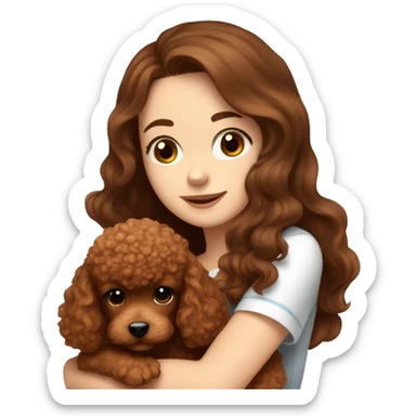 A white girl with long brown hair hugging a cute red brown toy poodle puppy  sticker