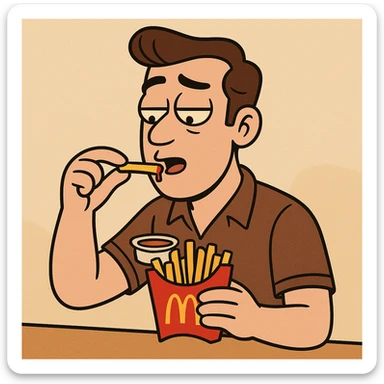 Side oil head brown shirt beige shirts  eating mcdonalds fries some sauce sticker