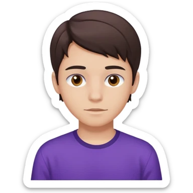 a 17 year old boy with a brunette middle part, brown eyes, fair skin, and a purple shirt  sticker