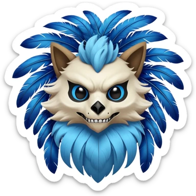 Furry Fakémon-Pokémon-animal-creature with a skull mask, and a feather-mane-collar, and blue feathers sticker