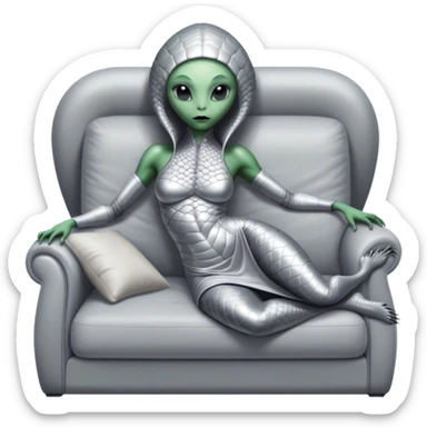 a reptilian alien woman, in silver dress, lie on couch comfy, full figure sticker