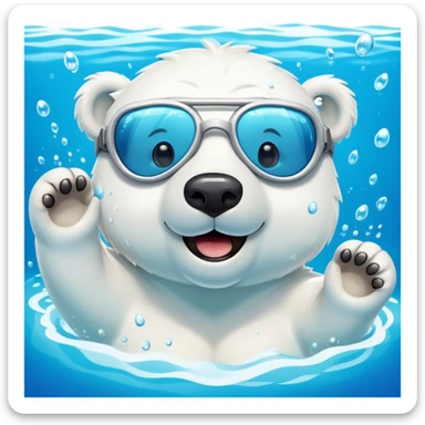 friendly anthropomorphised polar bear wearing swimming goggles, swimming in a wide pool with water splashing around sticker