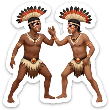 Cinematic Realistic scene of two indigenous male aboriginals performing an Aboriginal Corroboree, adorned in traditional body paint, A corroboree is an Australian Aboriginal ceremonial meeting. It usually includes celebration of Aboriginal mythology and spirituality, which is based in the Dreaming sticker