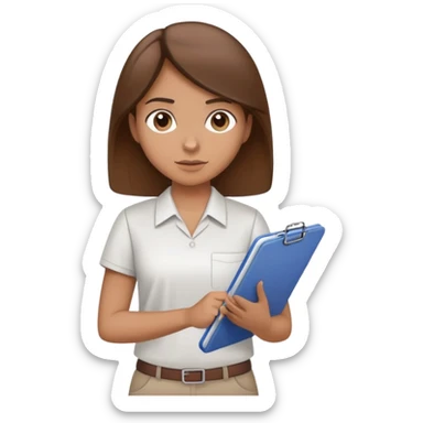 Intern or volunteer with brown hair holding a clipboard and pencil, ready to take notes or assist. The character wears a simple shirt and has an eager posture sticker