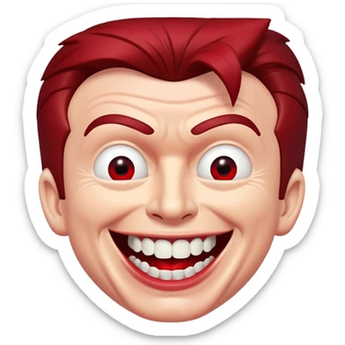 Rick Astley with a GIANT devious evil killer smile, but only his front teeth are sticking out, the background is pitch black, and Rick Astley is red sticker