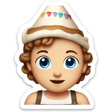 A cute blue-eyed baby with brown hair in a festive hat and a cake sticker
