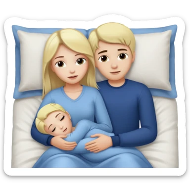 Girl with dark hair and boy with blonde in a bed cuddling  sticker