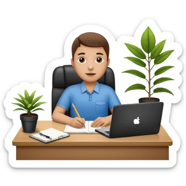 imagen de oficina con escritorio, silla, notebook, agenda y una plata con un cartel que diga FUERA DE OFICINA sticker