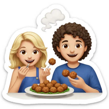 Ragazza bionda leggermente mossa che ride ad un ragazzo con i capelli ricci scuri mentre mangia polpette sticker