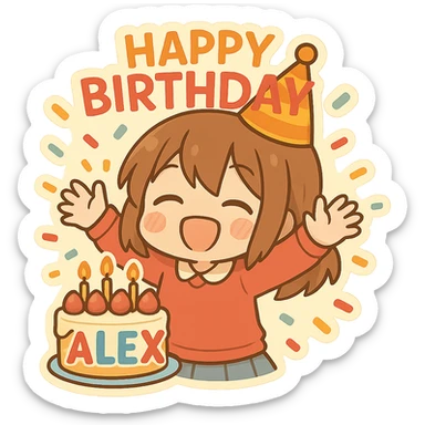 Add the name 'Alex' to the cake in a festive and colorful style, keeping the chibi sticker style with no background. sticker