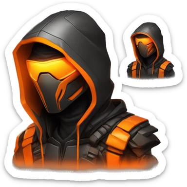  developer behind his laptop with this style : crysis Cyberpunk Valorant orange glowing bright orange character orange black hooded assassin themed character sticker
