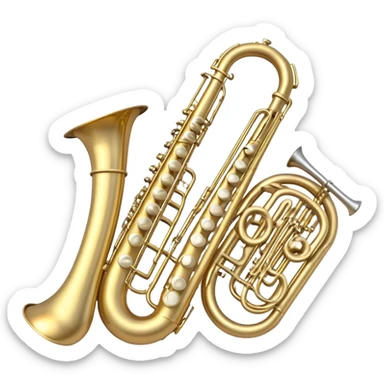 Create a professional, harmonious emoji collage symbolizing wind instruments.  The instruments should be in metallic gold, silver, and brass tones, with subtle reflections to convey a professional and polished appearance. Add soft musical notes or soundwaves to surround the instruments, creating a sense of movement and sound. The background should be transparent, ensuring all instruments are the focus and the composition remains harmonious and balanced. sticker