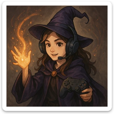 a young female wizard with a gaming headset, casting a spell with one hand and holding a game controller in the other sticker