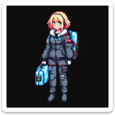1 female, a vtuber in a cryo suit with a flight jacket, holding a medpack - SNES box art image - cutscene graphic 3/4 side perspective sticker