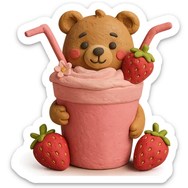 Cute bear peeking from a strawberry milkshake cup with a straw, two strawberries, pastel colors, soft shadows, clean minimal aesthetic, 3D claymation style, no background sticker