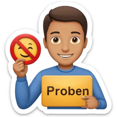 smiling man with a 'no problem' sign sticker
