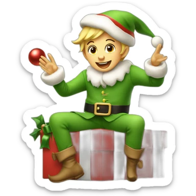 Overjoyed Christmas elf sits on a present and sings christmas songs sticker