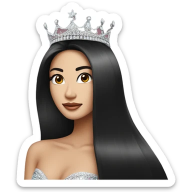 Miss universe south east Asian with very long straight black hair with a crown sticker