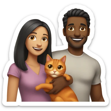 a happy light-brown woman with black hair and a happy brown man with brown hair are friends and holding an orange cat sticker