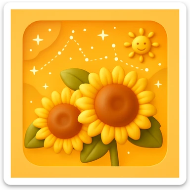 3D iOS style emoji of two sunflowers with a sun and stars in the background, mimicking the colors and composition of the reference image. sticker