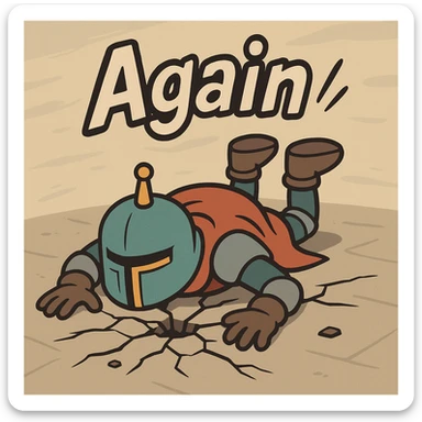 Jump King face-down after a fall, floor cracked, the word 'Again' in dramatic, energetic text sticker