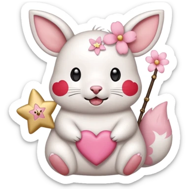GENERATE ME A MOMONGA WHITE ANIMAL  FROM CHIIKAWA AND PUT A SAKURA FLOWER ON HIS HEAD AND A STAR PELT ON HIS BELLY AND A HEART PURSE ON HIS ARM WITH HIS FACE MAKE HIS TOUNGE STICK OUT WITH A LITTLEPINCH OFDROOL AND MAKE HIM ANIME STYLED ART sticker