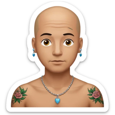 a bald man wearing necklace, having tattoo sticker