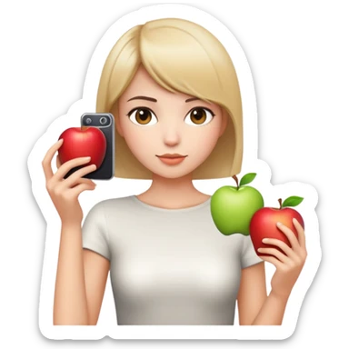 beautiful young lady with short straight hair taking a photo, upper body view, Apple emoji style sticker