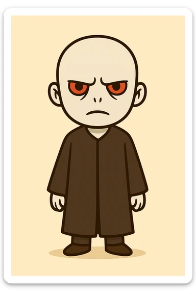 Full body illustration of Voldemort in a cute, cartoon, and simplified style similar to the provided examples. Very pale skin, no nose, striking eyes, long black robe, serious expression, with bold black lines and soft colors. sticker