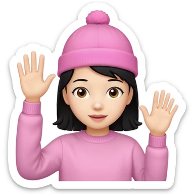 Kid in pink hat and jumper waving, black hair sticker