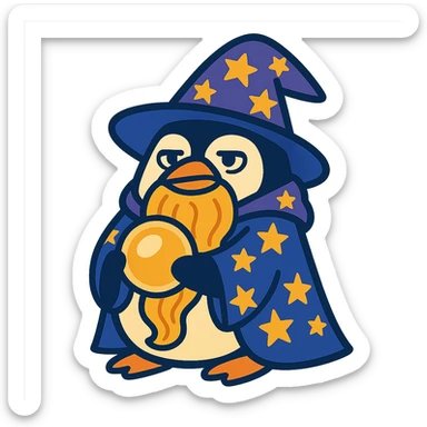 a chubby penguin wizard with a long beard, starry cloak, and a glowing orb, looking wise and mystical sticker