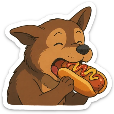 dog eating a sussy hot dog in ghibli style sticker