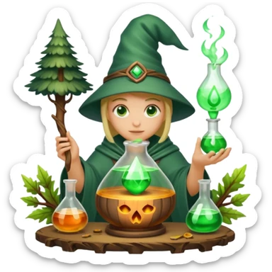 forest alchemist mixing two wrong potions → perfect glow sticker