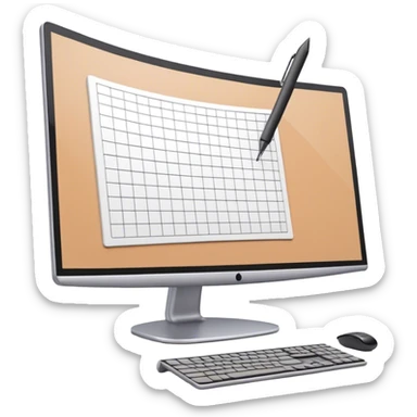 Create an emoji for 3D visualization and modeling. Show a 3D object with grid lines and a modeling tool (e.g., a mouse or stylus) on a big curved monitor. Use modern, professional colors. Do not include any emojis or smiley faces. Make the background transparent. sticker