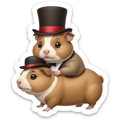 a cute guinea pig wearing a top hat riding on the back of a chubby pug sticker