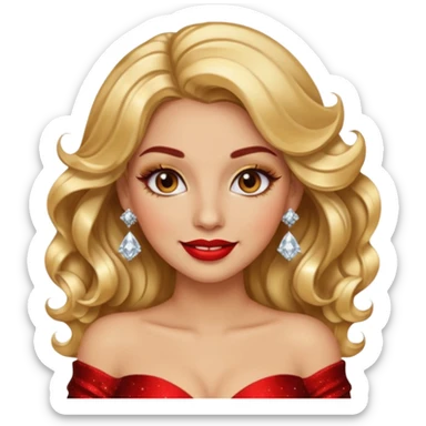 “Emoji girl, glamorous smile, shimmering gold eyeshadow, bold red lips, voluminous waves, dramatic lashes, wearing diamond earrings and gold gown.” sticker