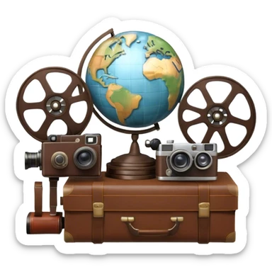 Icon for Documentary Film: A vintage movie poster-style design featuring a film reel, camera, and a globe, symbolizing exploration and learning. Include elements like books, a notebook, and historical or natural icons to represent informative storytelling. Transparent background. sticker