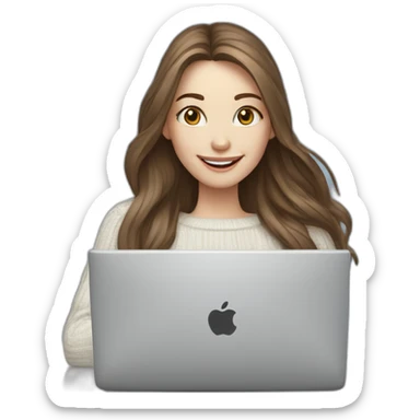 smiling woman pale skin middle brown long straight hair with a laptop with infinity logo and a coffee mug wearing a white woolly shirt having in a snowstorm sticker