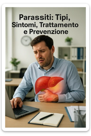 Man sitting at office desk experiencing subtle symptoms of liver dysfunction, upper abdominal pain, nausea, and unexplained fatigue Parasites: Types, Symptoms, Treatment & Prevention, expression of confusion about vague health issues, liver shown in transparent overlay with early inflammation, toxins beginning to accumulate in bloodstream, productivity declining as liver struggles to filter properly in italiano sticker