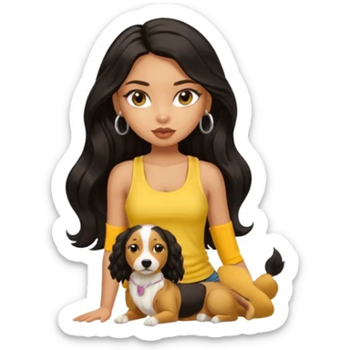 a tan pretty bratz girl with long wavy black hair, wearing a yellow tank top with a dog sticker