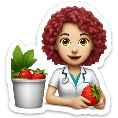 dietitian white girl burgundy curly hair eating a strawberry  sticker